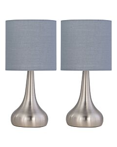 Set of 2 Romana - Brushed Chrome Touch Operated Table Lamps Bedside Lights Grey Cotton Shade