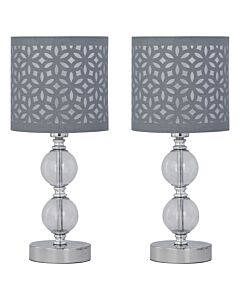 Set of 2 Chrome Two Ball Table Lamps with Grey Cut Out Shades