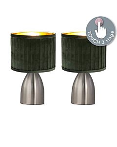 Set of 2 Valentina - Brushed Chrome Touch Lamps with Green Pleated Velvet Shades