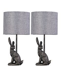 Set of 2 Henrietta - Antique Gold Rabbit Table Lamps With Grey Linen Shade