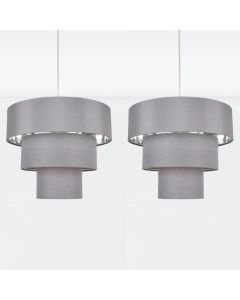 Set of 2 Easy Fit Staggered 3 Tier Grey Faux Silk Slub Fabric Shade with Chrome Board Inner