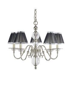 Interiors 1900 - Tilburg - 63718 - Nickel Clear Crystal Glass Black Pleated 5 Light Chandelier