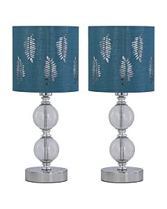 Set of 2 Chrome Two Ball Table Lamps with Teal Fern Shades