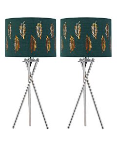 Set of 2 Tripod Table Lamps with Dark Green Fern Cut Out Shades