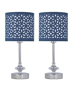 Set of 2 Chrome Jewelled Table Lamps with Navy Blue Cut Out Shades