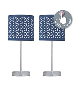 Set of 2 Chrome Touch Operated Table Lamps with Navy Blue Cut Out Shades