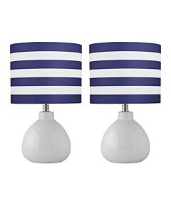 Set of 2 Tuscan - White Ceramic Lamps with White & Blue Striped Shade