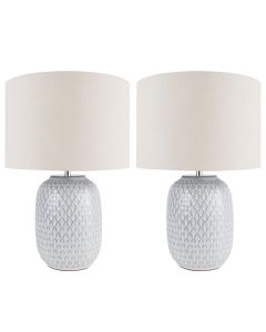 Set of 2 Reactive Glazed Textured Grey Ceramic Table Light with Natural Linen Cylinder Fabric Shade