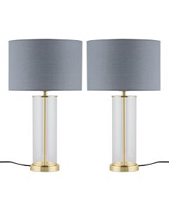 Set of 2 Aura - Satin Brass Lamps with Grey Cotton Shades