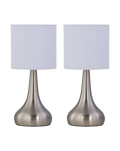 Set of 2 Romana - Brushed Chrome Touch Operated Table Lamps Bedside Lights White Pleated Shade