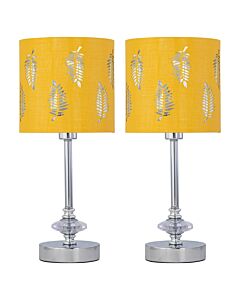 Set of 2 Chrome Jewelled Table Lamps with Ochre Mustard Fern Shades