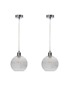 Set of 2 Betchley - Clear Ribbed Glass Globe with Chrome Pendant Fittings