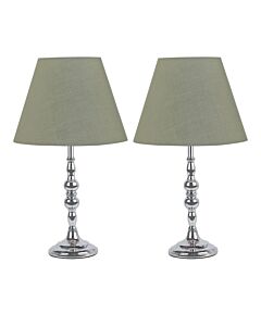 Set of 2 Chrome Table Lamps with Decorative Stem and Sage Green Shades