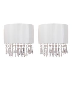Set of 2 Jewelled Ivory Fabric Wall Lights With Clear Beaded Crystal Style Strings