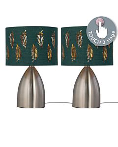 Set of 2 Valentina - Brushed Chrome Touch Lamps with Dark Green Fern Shades