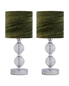 Set of 2 Chrome Two Ball Table Lamp with Green Crushed Velvet Shades