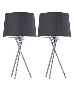 Set of 2 Tripod - Chrome Lamps with Grey & Silver Fabric Shade