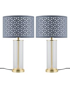 Set of 2 Aura - Satin Brass Lamps with Grey Cut Out Shades