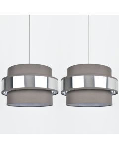 Set of 2 Easy Fit 2 Tier Grey Fabric & Brushed Silver Plated Banded Ceiling Shade