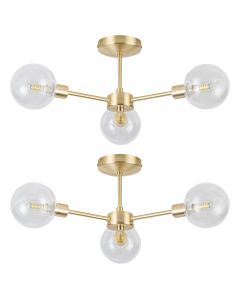 Set of 2 Toner - Satin Brass with Clear Glass Globes 3 Light Flush Ceiling Lights