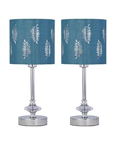 Set of 2 Chrome Jewelled Table Lamps with Teal Fern Shades