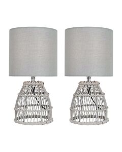 Set of 2 Bamboo - Grey Wash Bamboo 32cm Table Lamps With Grey Fabric Shades