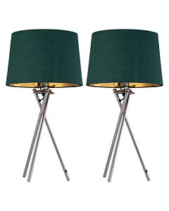 Set of 2 Tripod - Chrome Lamps with Green & Gold Fabric Shade