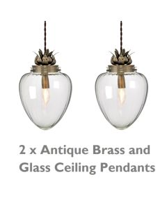 Pair of Glass & Antique Brass Ceiling Pendants