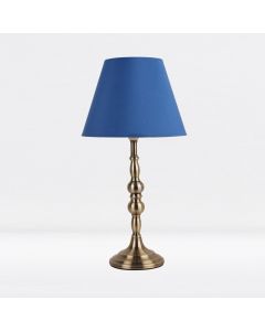 Antique Brass Plated Bedside Table Light with Candle Column Blue Fabric Shade