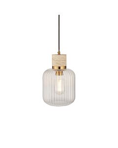 Endon Lighting - Travi - 120664 - Vintage Brass Travertine Stone Clear Ribbed Glass Ceiling Pendant Light