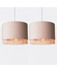 Set of 2 Blush Pink Velvet With Copper Inner Tassled Light Shades