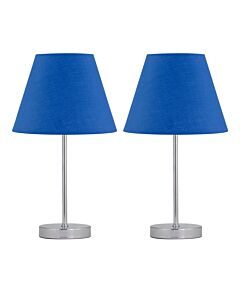 Set of 2 Chrome Stick Table Lamps with Royal Blue Fabric Shades