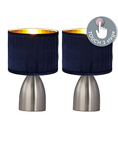 Set of 2 Valentina - Brushed Chrome Touch Lamps with Navy Pleated Velvet Shades