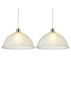 Set of 2 Frosted Ribbed Glass with Satin Brass Ceiling Pendants