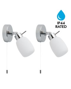 Set of 2 Brom - Chrome Opal Glass IP44 Pull Cord Bathroom Wall Spotlights