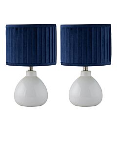 Set of 2 Tuscan - White Ceramic Lamps with Navy Pleated Velvet Shade