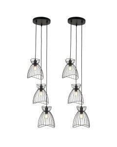 Set of 2 Diablo - Black Cage Design 3 Light Ceiling Pendant Lights