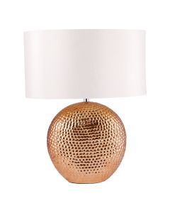 Dimpled Textured Oval Copper Plated Ceramic Bedside Table Light Base with White Faux Silk Oval Fabric Shade