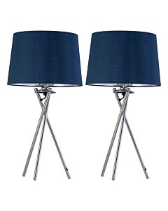 Set of 2 Tripod - Chrome Lamps with Navy Blue & Silver Fabric Shade