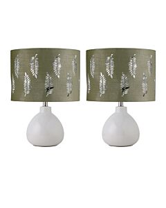 Set of 2 Tuscan - White Ceramic Lamps with Sage Green Fern Shade