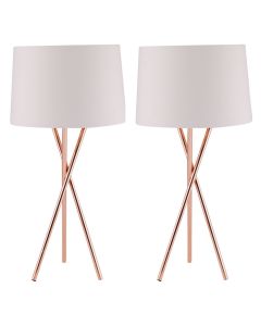 Pair Copper Tripod Table Lamp with White Fabric Shade