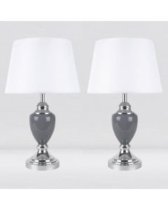 Set of 2 Chrome and Grey Urn Table Lamps with White Shades