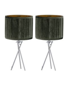 Set of 2 Sundance - Chrome Tripod Table Lamps with Dark Green Pleated Velvet Shades