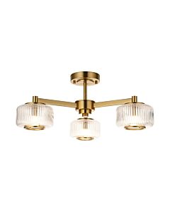 Endon Lighting - Stamford - 120634 - Aged Brass Clear Ribbed Glass 3 Light Flush Ceiling Light