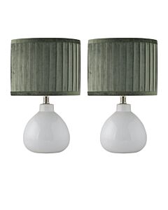 Set of 2 Tuscan - White Ceramic Lamps with Green Pleated Velvet Shade