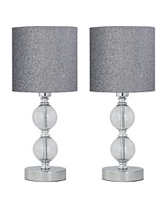 Set of 2 Chrome Two Ball Table Lamp with Silver Glitter Shades