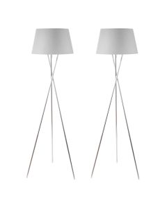 Pair Chrome Twist Tripod Floor Lamp with Grey Fabric Shade