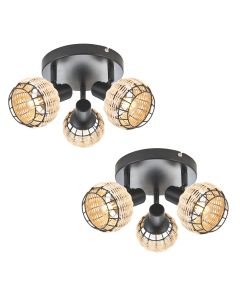 Set of 2 Goa - Black and Natural Rattan 3 Light Ceiling Spotlight Plates