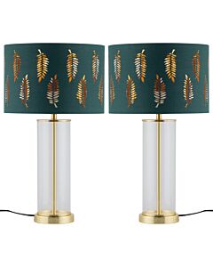 Set of 2 Aura - Satin Brass Lamps with Green Fern Cut Out Shades