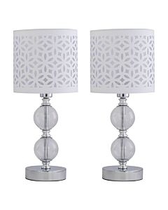 Set of 2 Chrome Two Ball Table Lamps with White Cut Out Shades